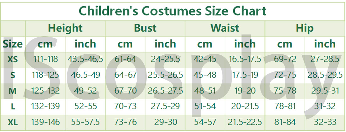 IScosplay Children'd Costumes Size Chart