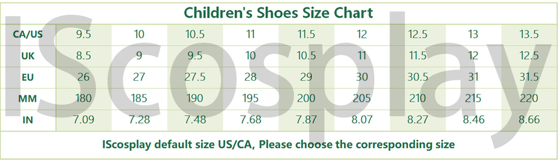 IScosplay Children'd Shoes Size Chart
