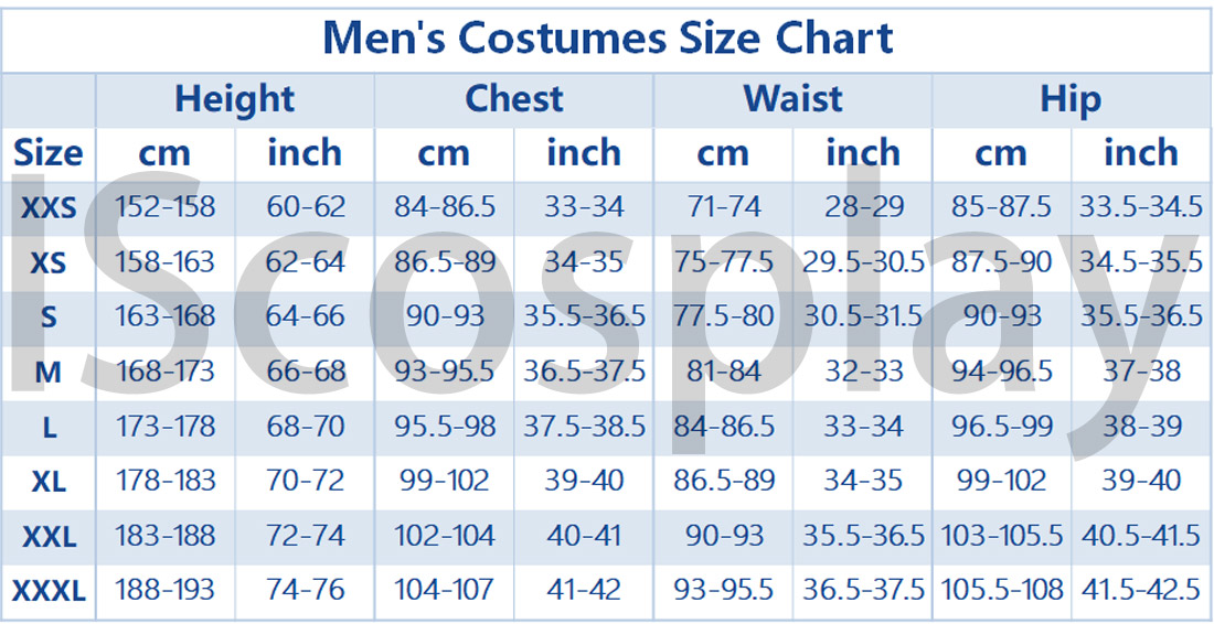IScosplay Men's Costumes Size Chart