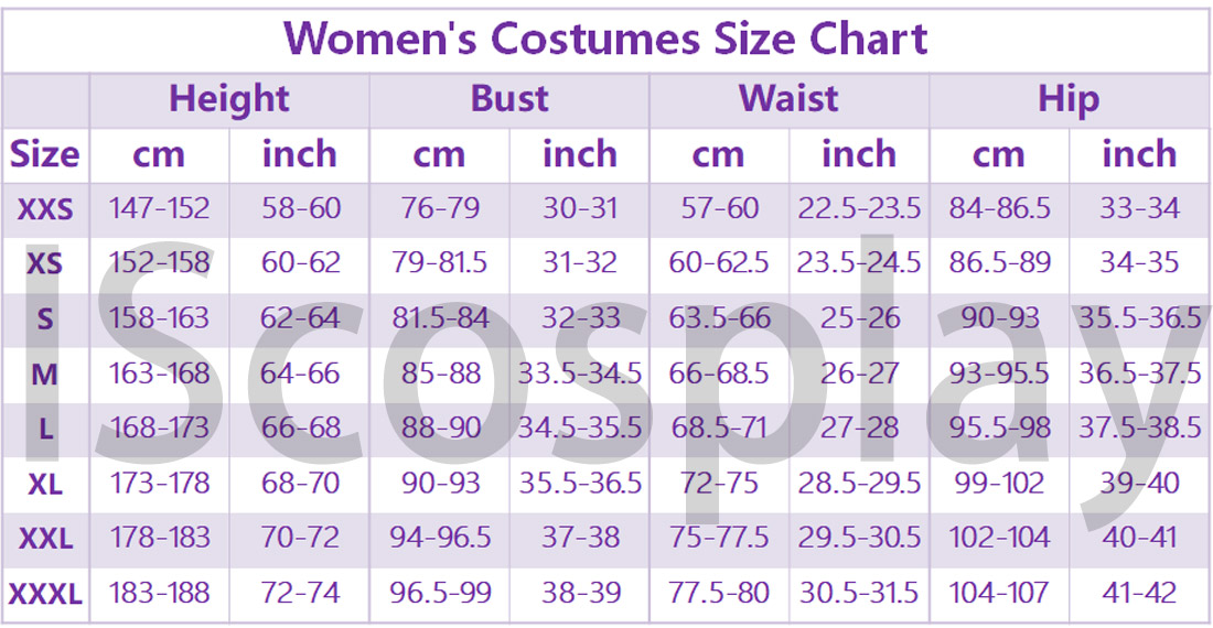 IScosplay Women's Cosplay Costumes Size Chart